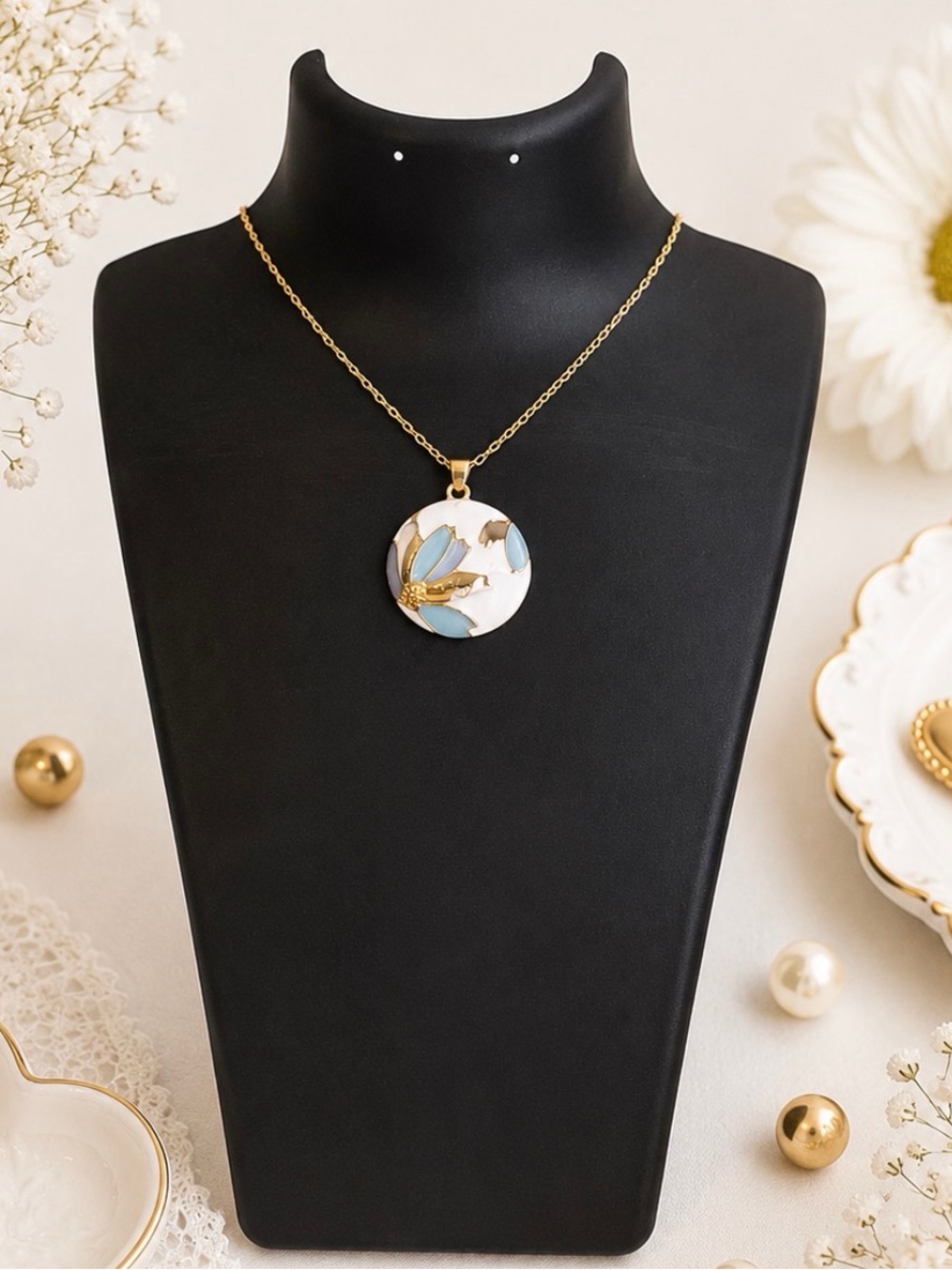 Blue, White and Gold Floral Enamel Design Pendant Necklace-Gold Hardware-NWOT